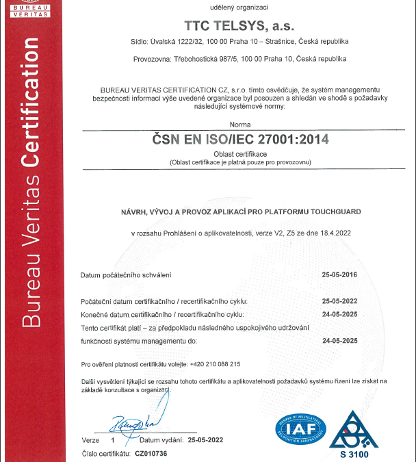 Certifikát ISO 27001
